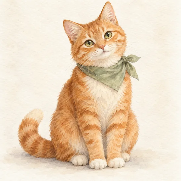 An original orange cat in watercolor with green eyes and a sage bandana.