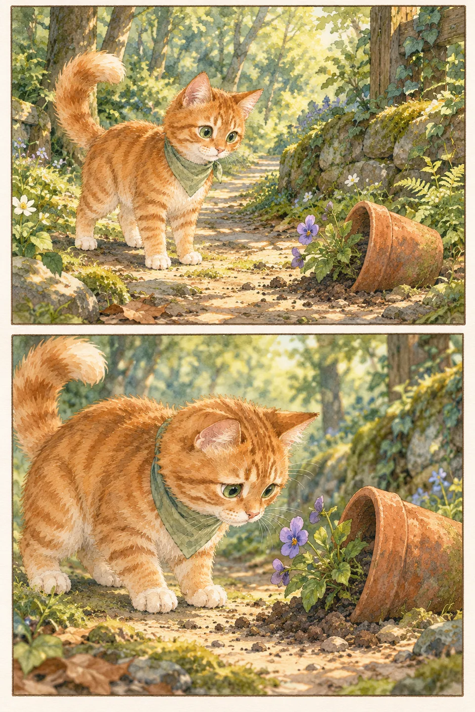 Two watercolor comic panels show Mocha finding a fallen flowerpot on a forest path.