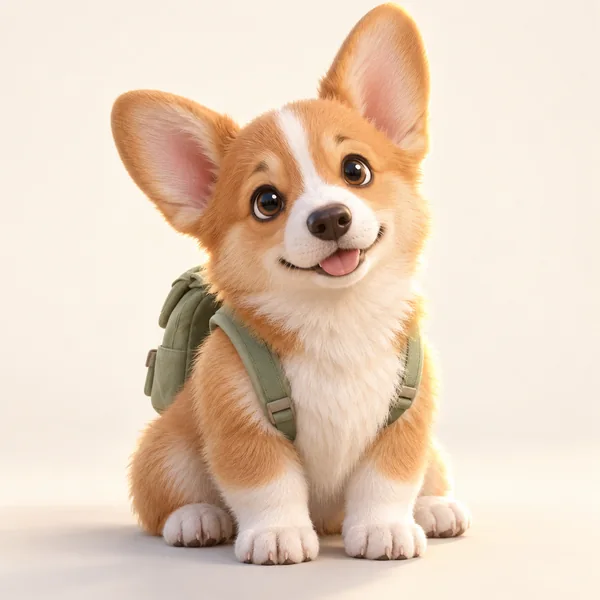 An original golden corgi rendered in a soft 3D style with a green backpack.